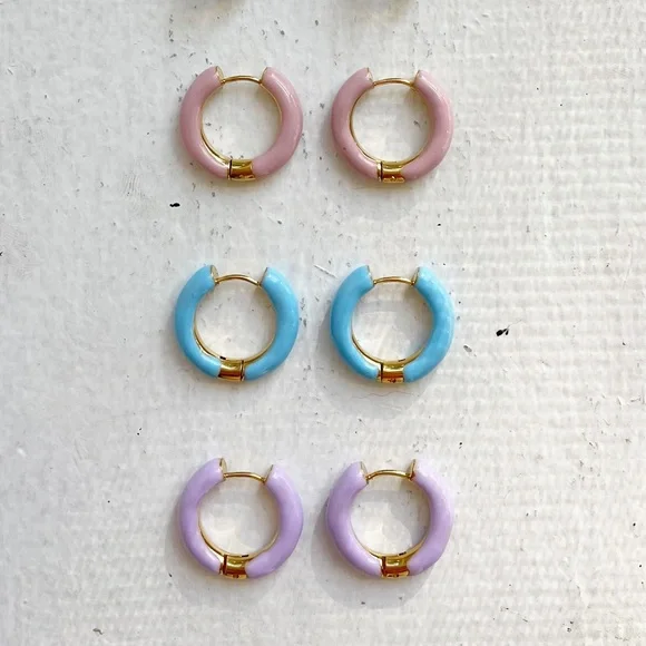 14k Gold Plated Blue Enamel Hoop Earrings - Picture 4 of 8